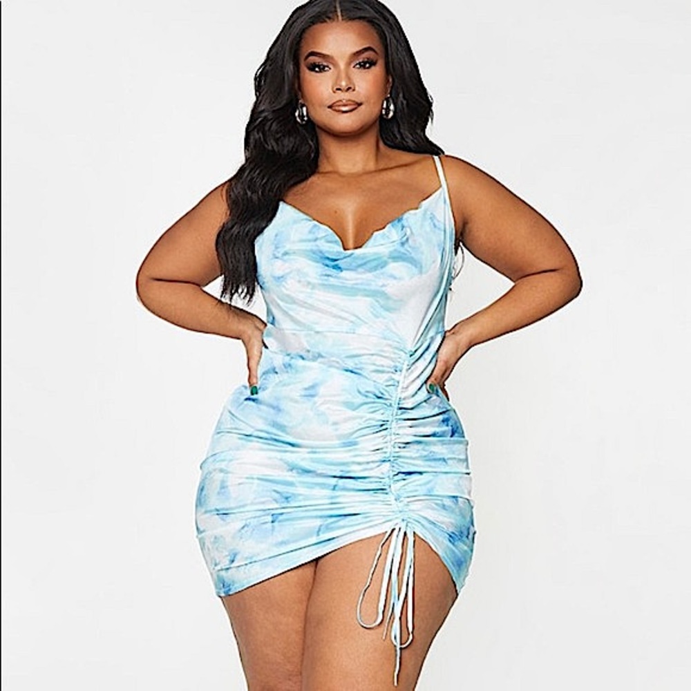 PrettyLittleThing Blue Tie Dye Bodycon Dress